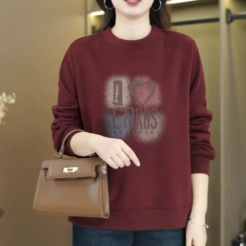 新款加绒印花圆领卫衣休闲百搭打底秋冬加厚长袖时尚显瘦女士上衣