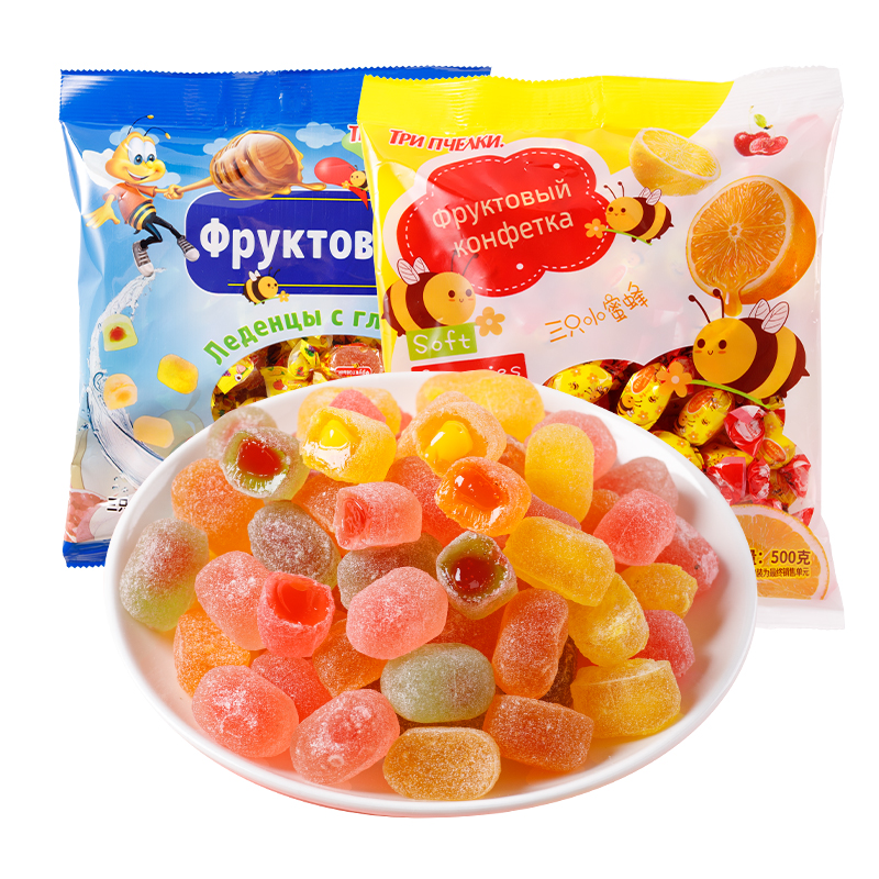 俄罗斯风味网红糖多种口味三只小蜜蜂果汁夹心爆浆软糖