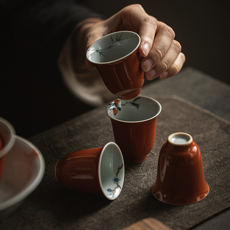 矾红手绘陶瓷功夫茶杯单杯单个品茗杯主人杯男女士高端复古中国风