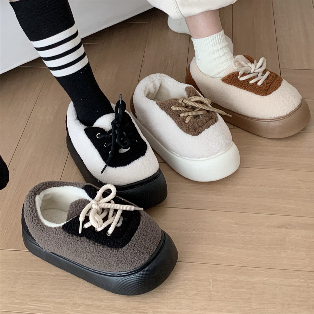 细细条 休闲运动风个性女冬季棉鞋拼色ins潮复古风羊羔毛板鞋外穿