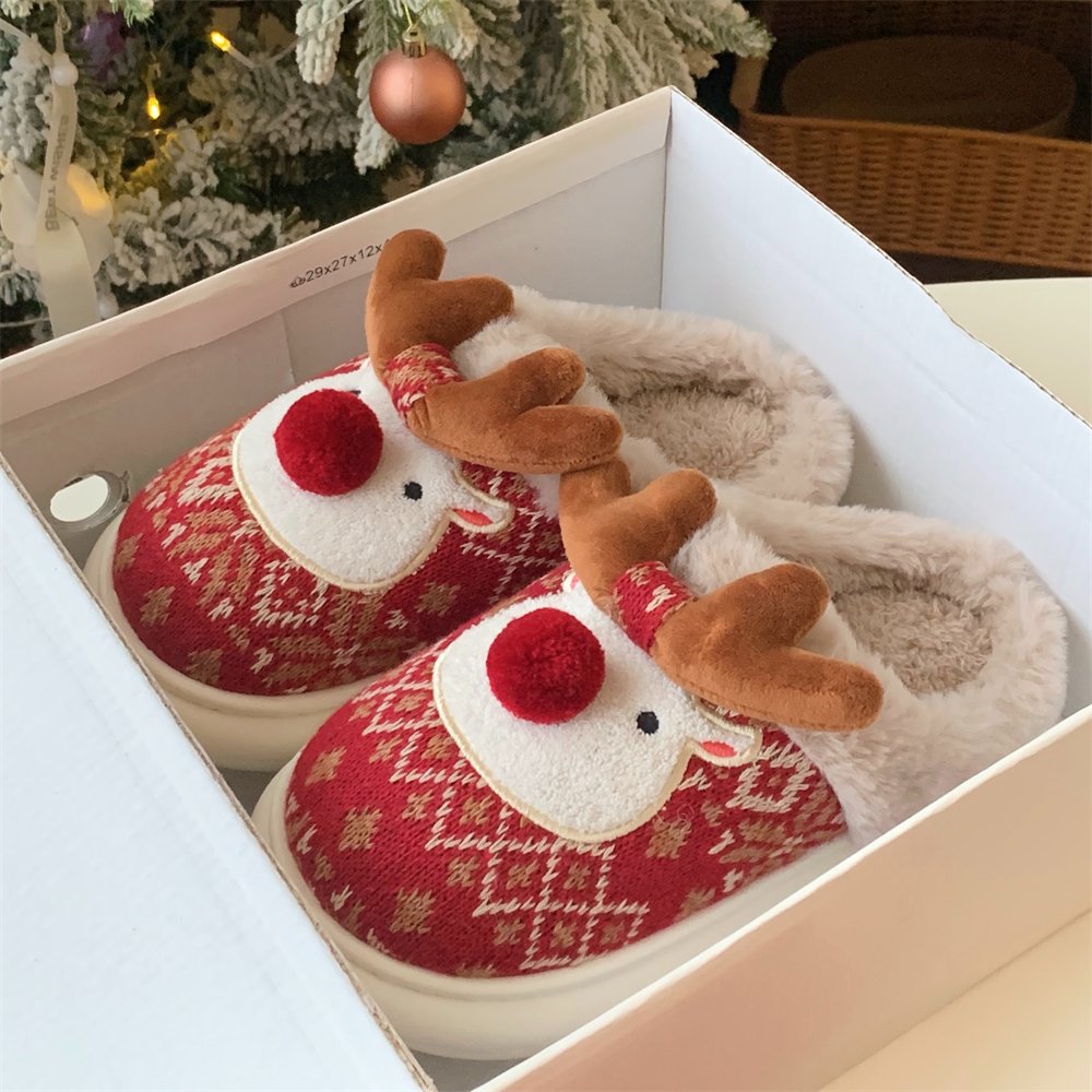 细细条 女士居家圣诞麋鹿毛绒保暖棉拖鞋ins冬季软厚底防滑毛毛鞋