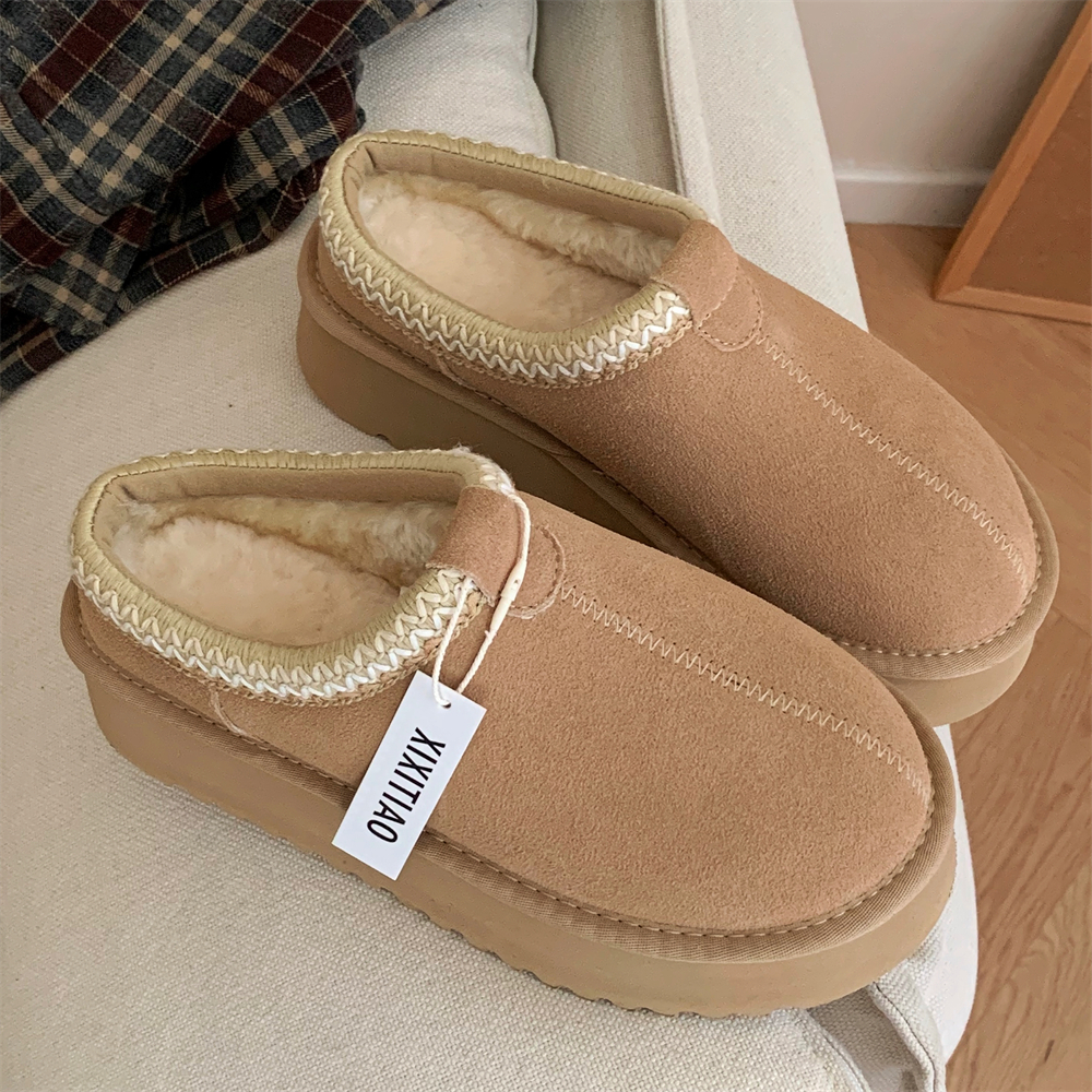 细细条 时尚高级感真牛皮羊毛雪地靴民族风增高厚底防滑半拖鞋女