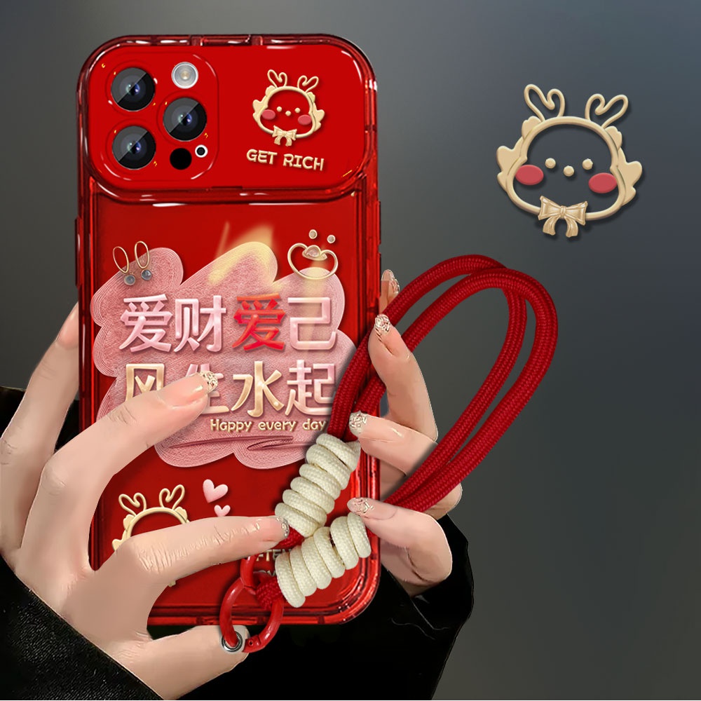 新年款爱财爱己苹果13化妆镜14promax翻盖镜子iPhone15pro手机壳