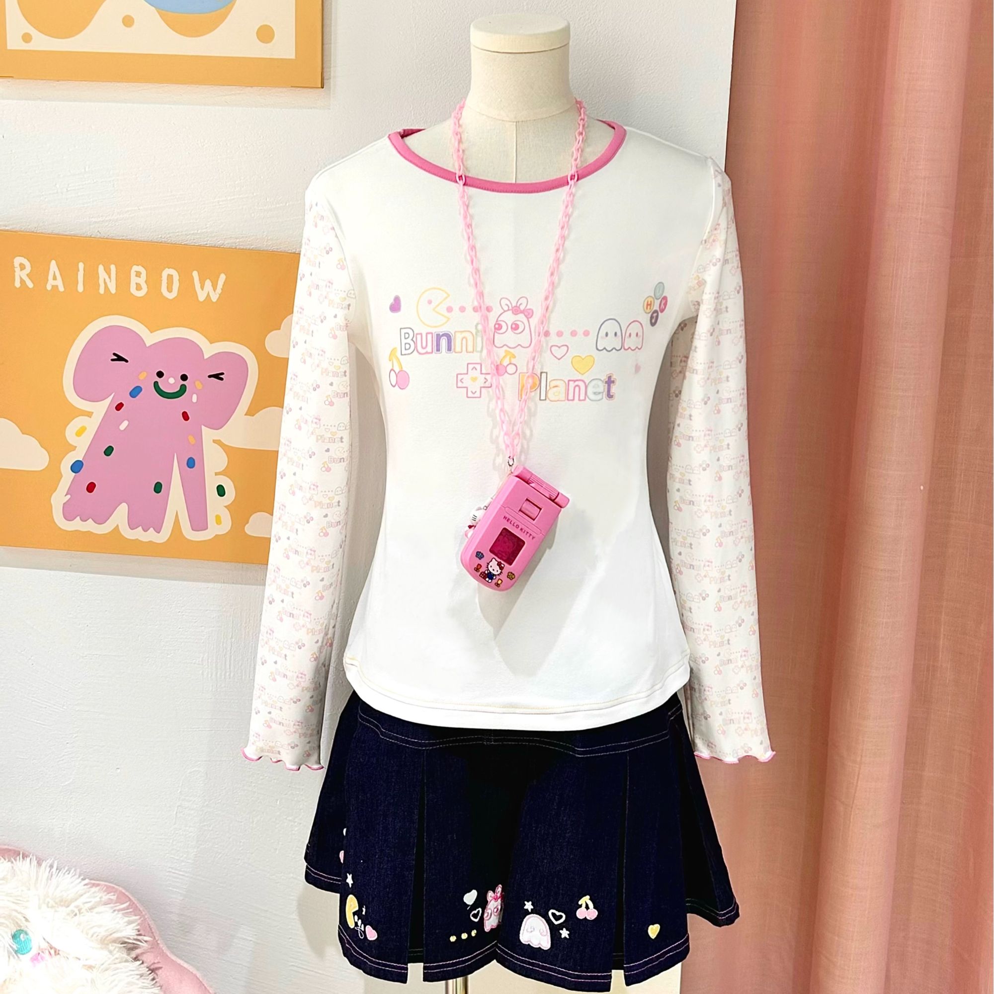 【小兔星球】吃豆豆打底衫软妹服萌系粉色甜美印花二次元