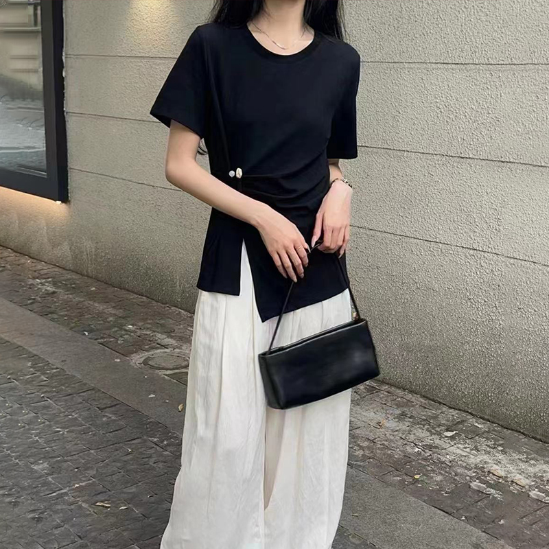 【九月专属】宝莎伦时尚高级设计感不规则开叉收腰上衣103444
