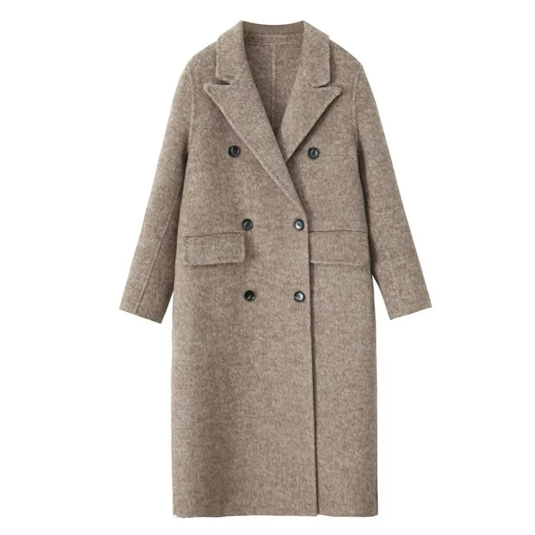 【首尔日落】2025新款春季大衣女士韩版时尚双排扣休闲双面羊呢大衣