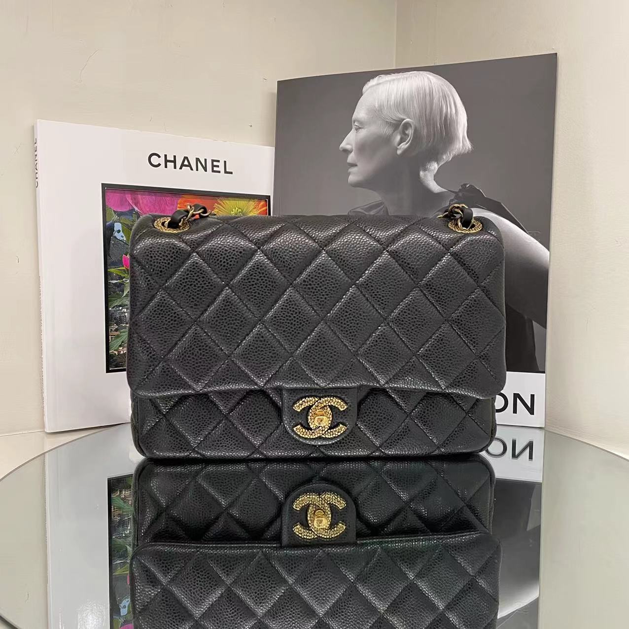 未使用 Chanel/香奈儿 24B 黑金荔枝纹羊皮口盖包 斜挎包