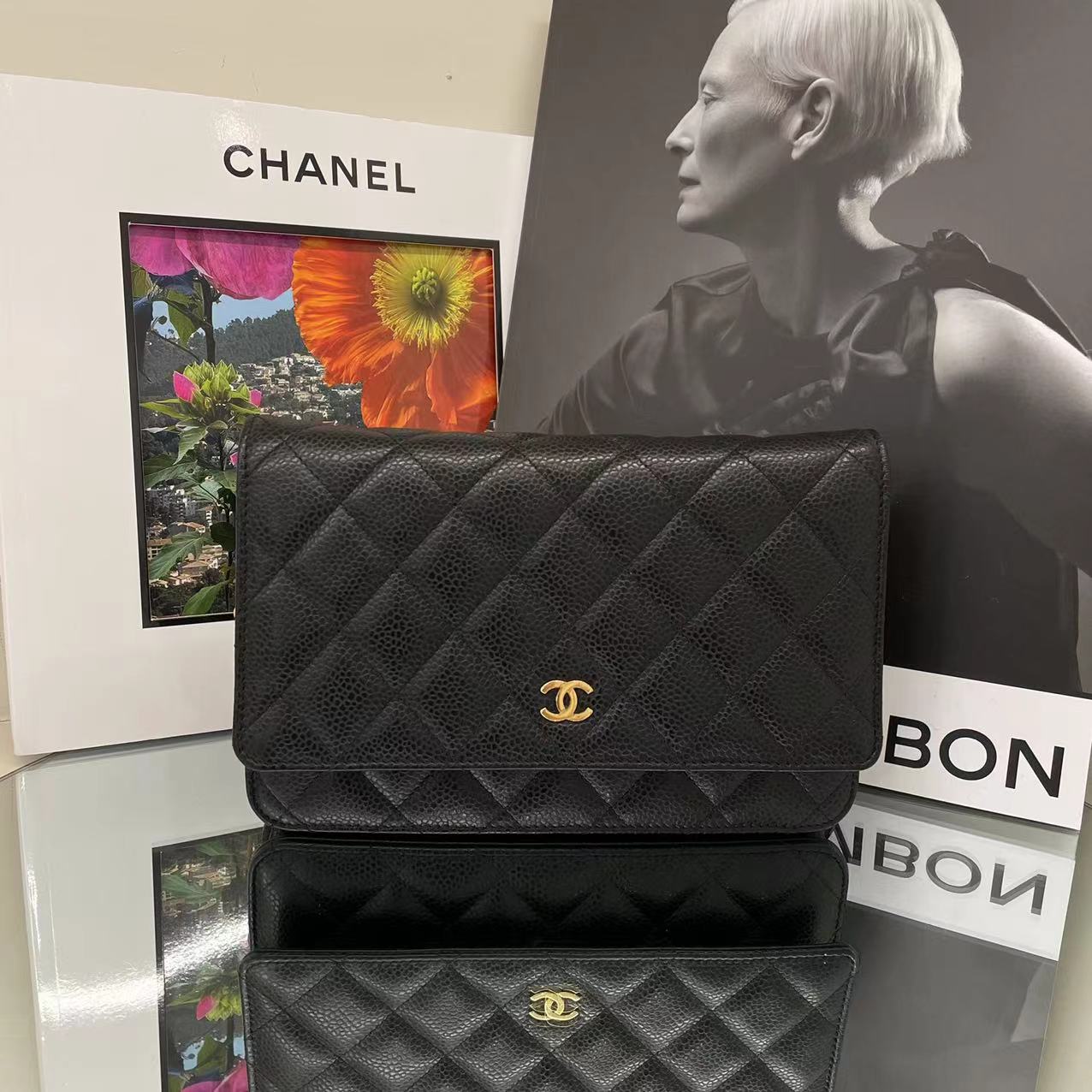 99新 Chanel/香奈儿 30开无卡 黑金荔枝牛皮经典woc包  斜挎包