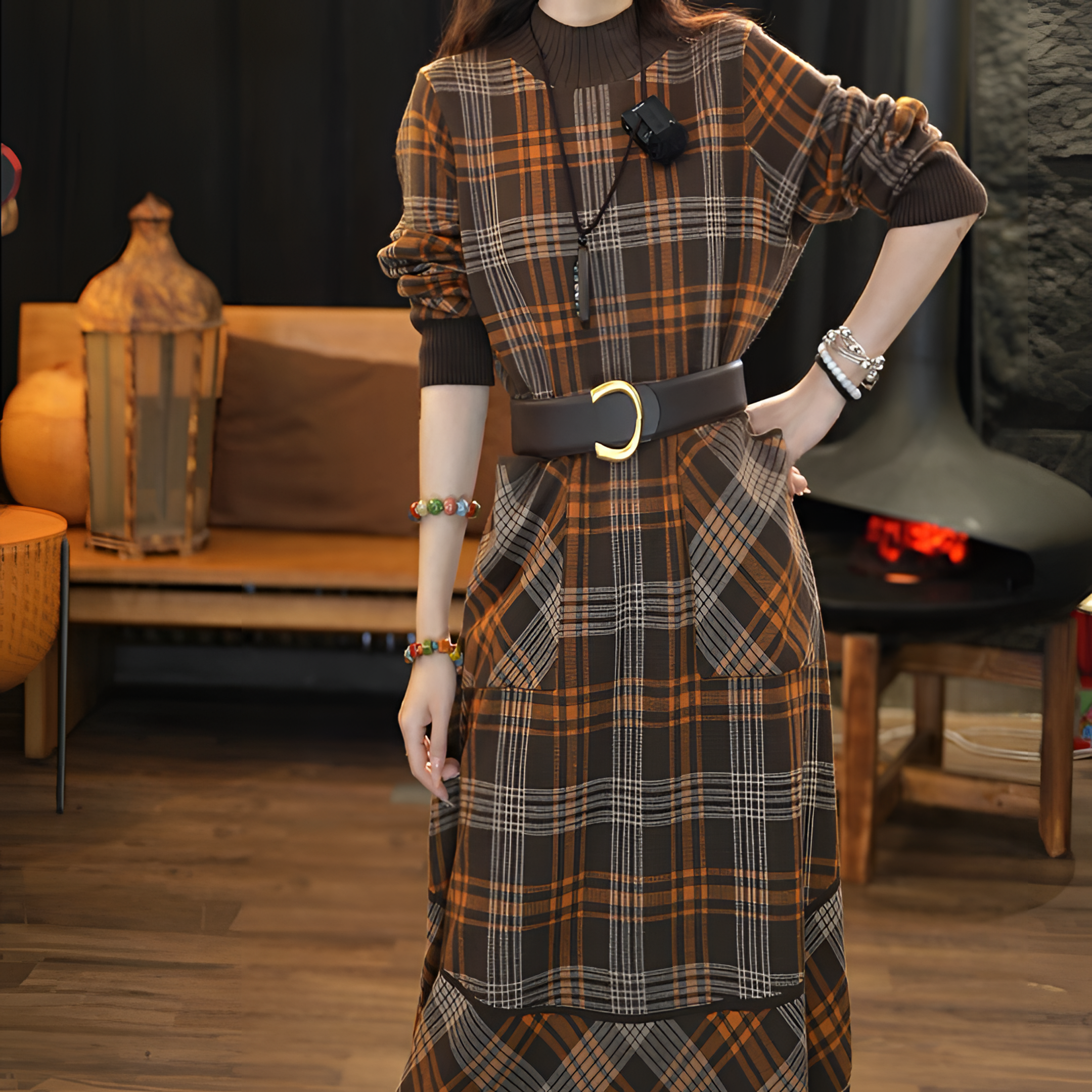 顾玖儿咖色气质复古半高领连衣裙#WS98860