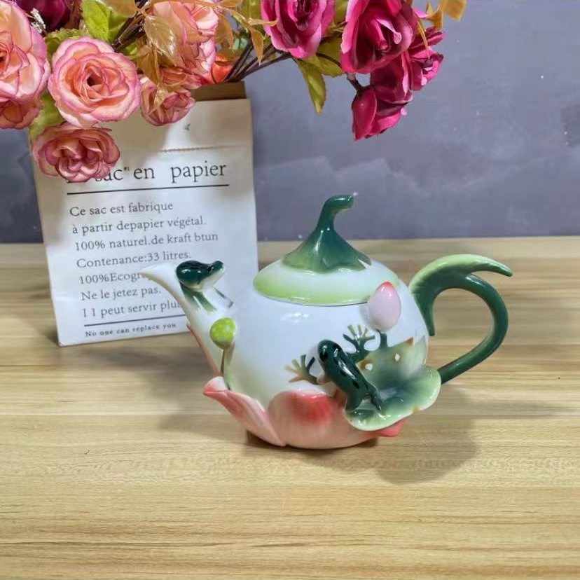 手绘珐琅瓷荷塘月色青蛙茶具
