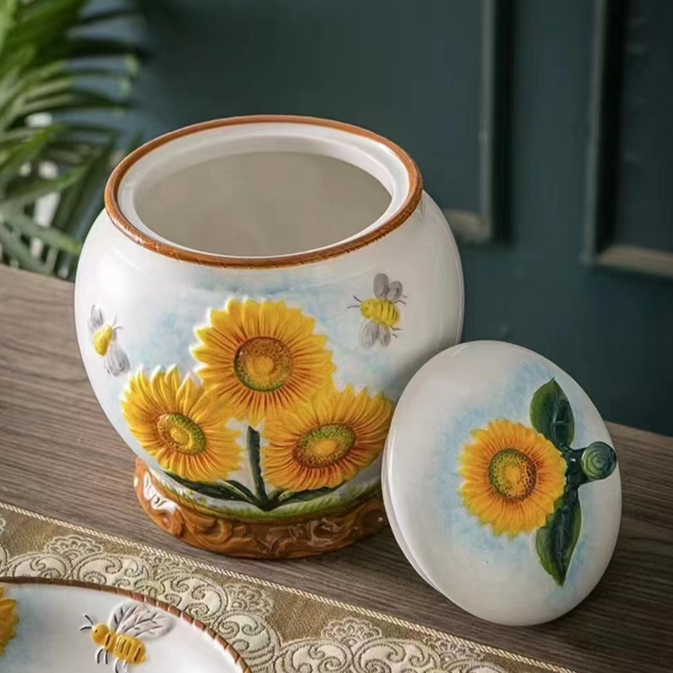 陶瓷向日葵太阳花大果碗家居茶几餐桌装饰碗手绘陶瓷釉下彩瓷