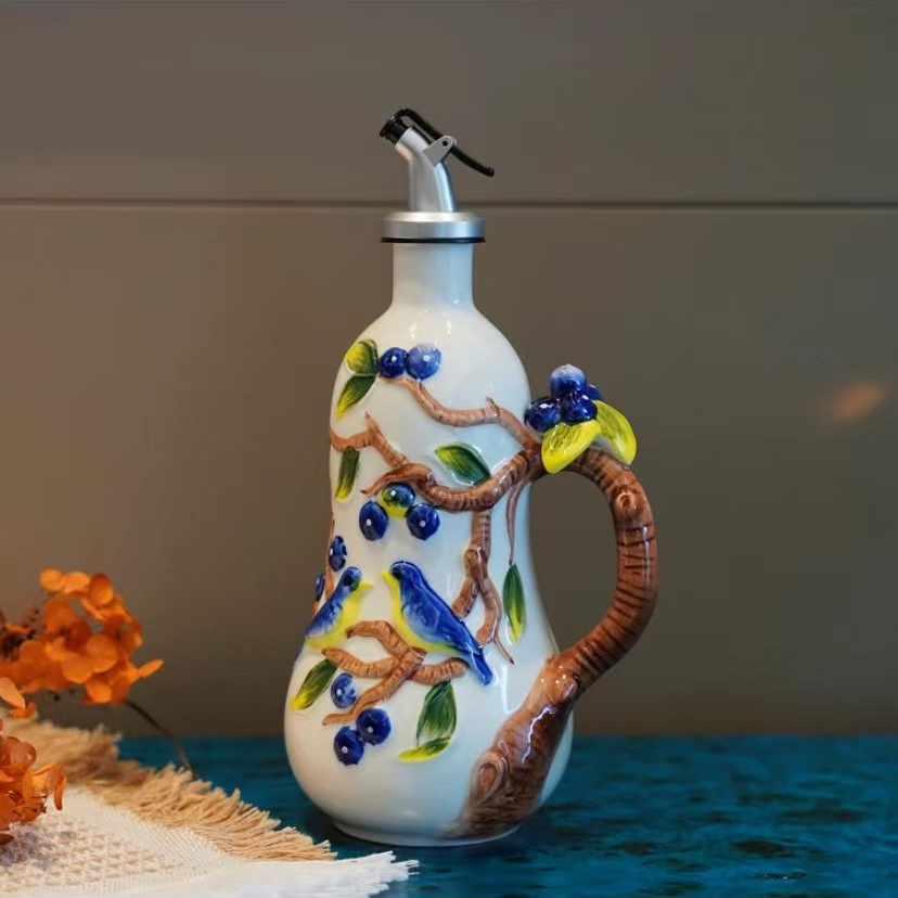喜鹊纷飞陶瓷油壶厨房家用不挂油油瓶酱油醋调料瓶带手温装饰摆件