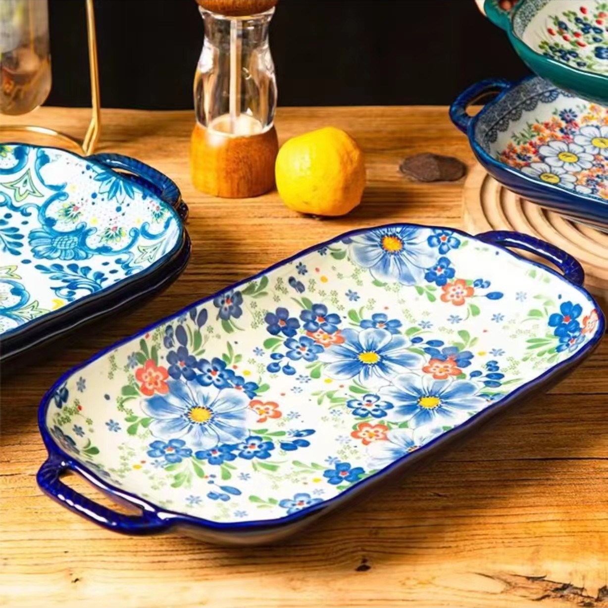 波兰彩陶瓷餐具14英寸鱼盘盘子