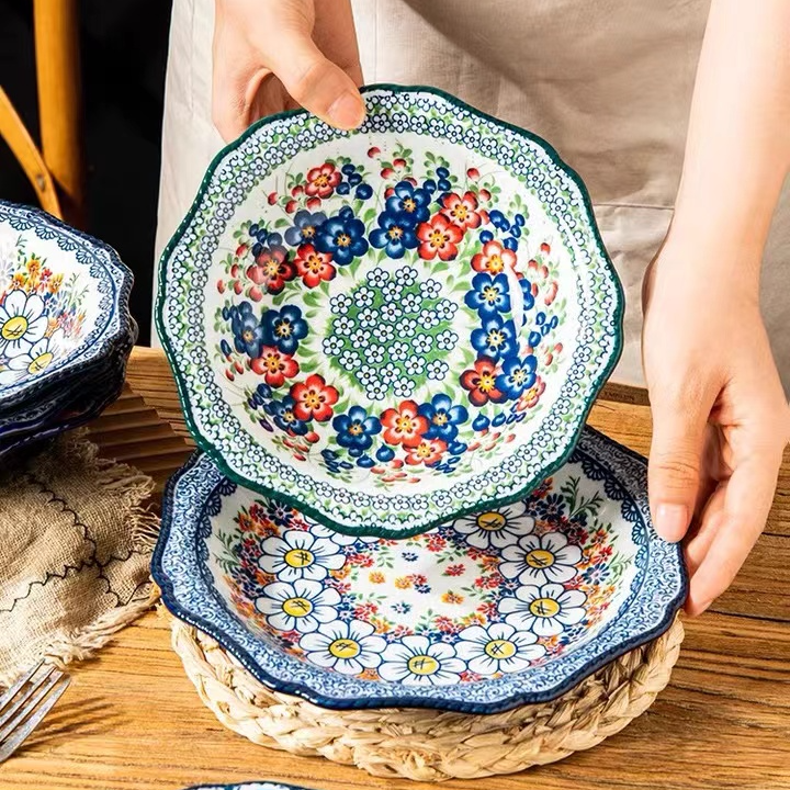 陶瓷波兰彩浮雕兰花7.5英寸米深盘两只网红