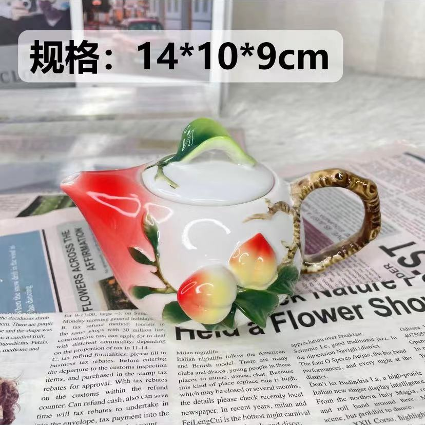 珐琅瓷寿桃茶壶茶具手绘釉下彩