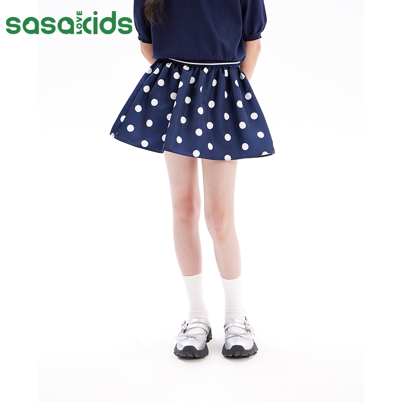 sasakids夏季女童新款 波点A字蓬蓬裙后腰松紧设计感休闲半身伞裙