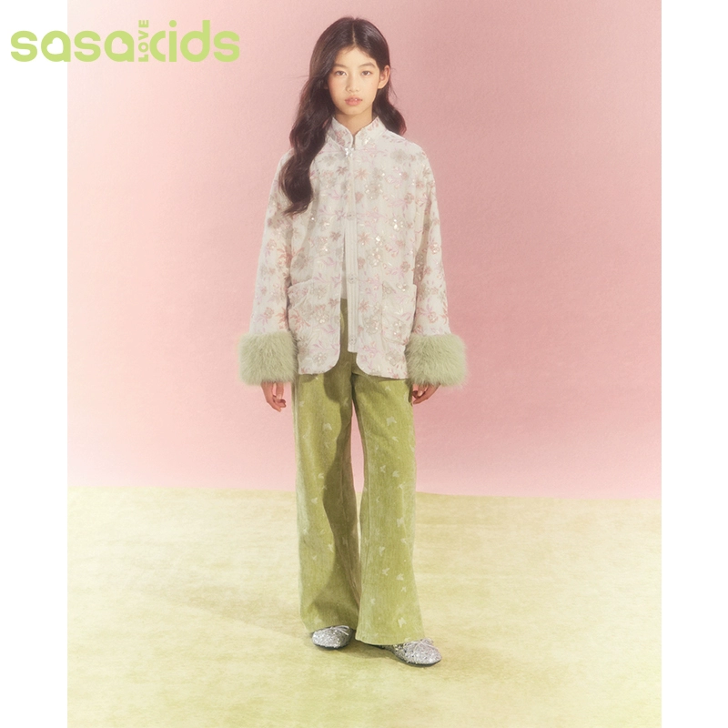 sasakids【商场同款】绣花亮片新中式外套丝绒拼毛夹棉立领蝴蝶秋冬