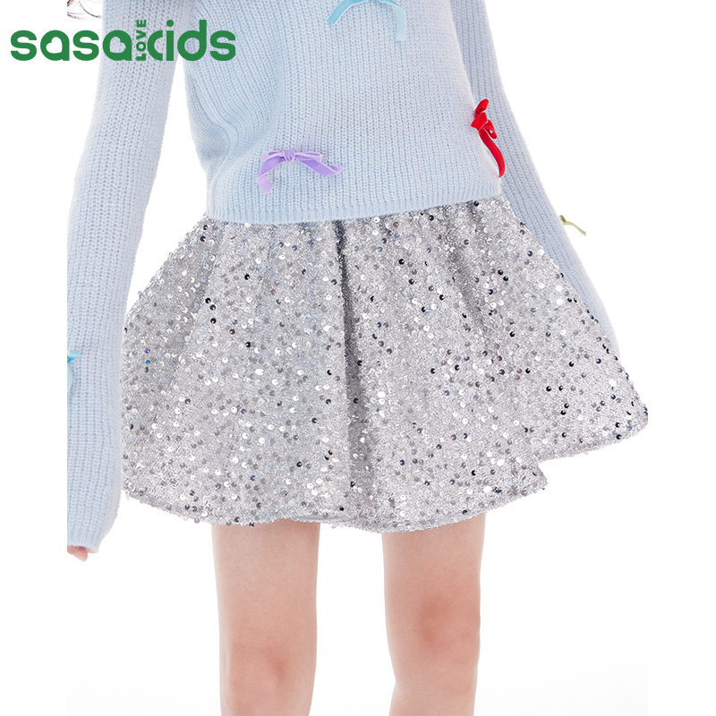 sasakids【派对系列】甄选璀璨波浪纹亮片A字伞裙 银色亮片短半裙