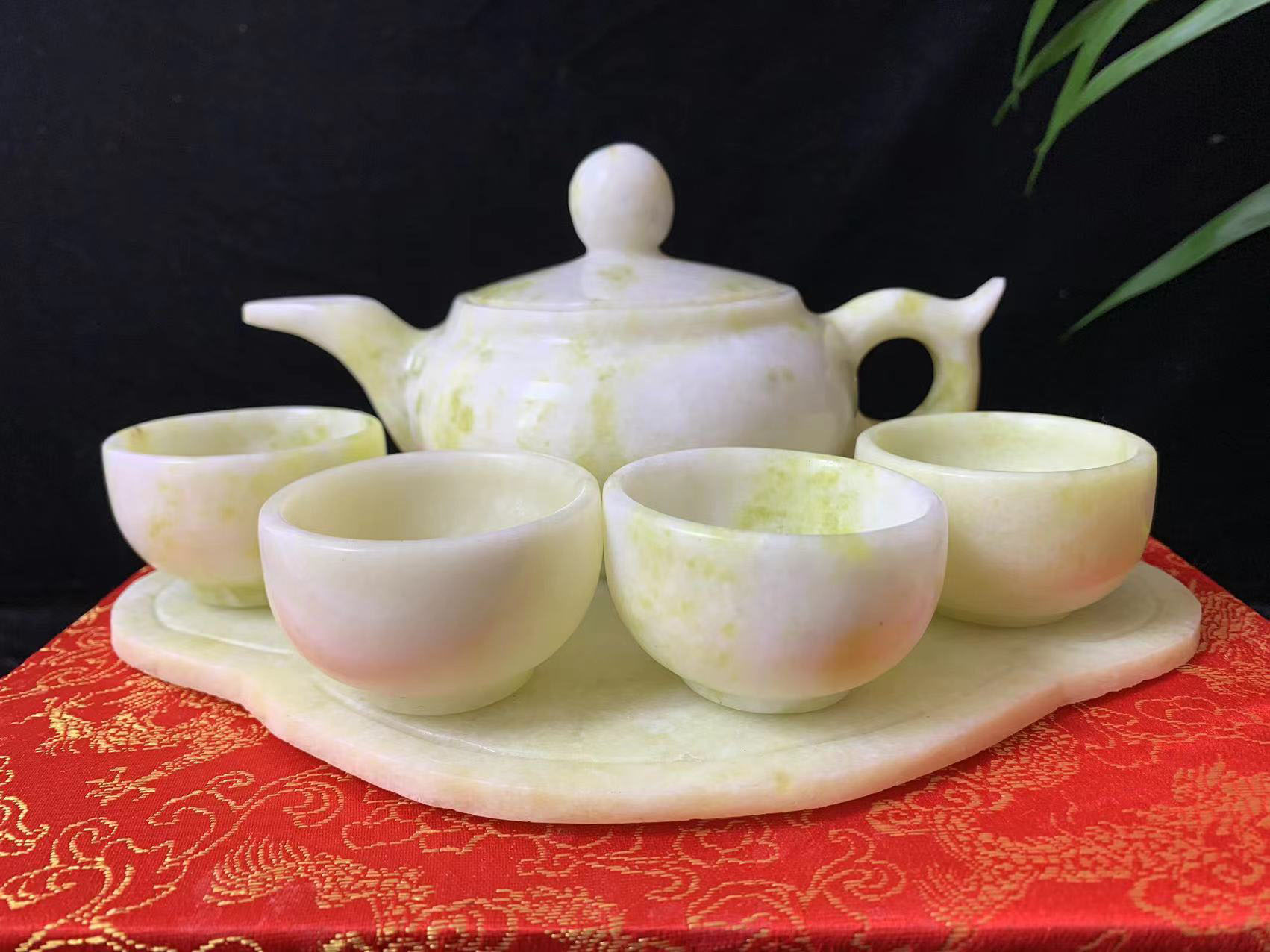 天然玉石岫玉茶壶茶具茶杯圆形款一套六件套手工《多样性发货》测量