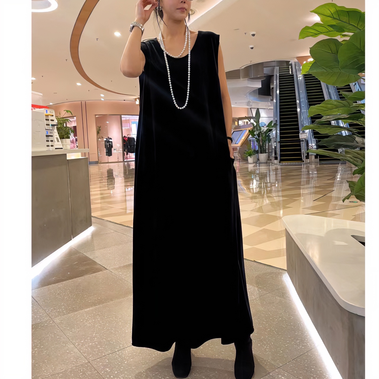 210-秋季新款水滴坎袖丝绒裙丝绒吊带裙大码显瘦时尚宽松百搭黑色