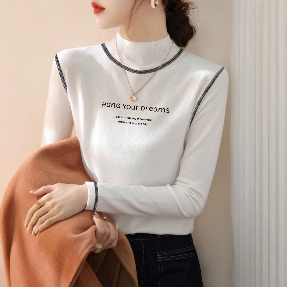 特色明线流行洋气设计感半高领大码女装2025年秋冬季打底衫长袖