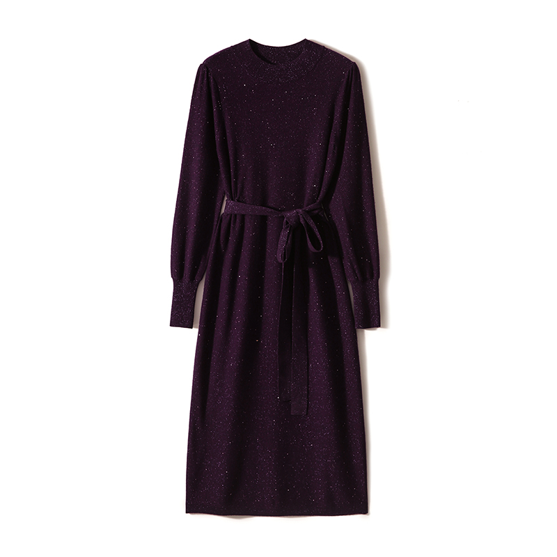 【瑞莎专属】法式羊毛羊绒细闪针织半高领腰带连衣裙秋S73212ZQOVG