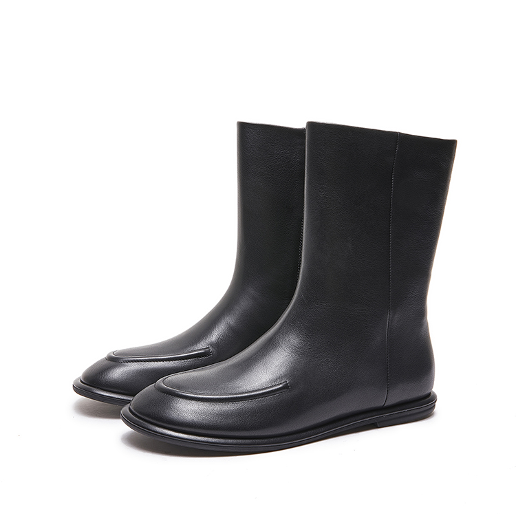 纯原真皮中筒平底女靴秋冬切尔西侧拉链时尚简洁软皮百搭高级感靴