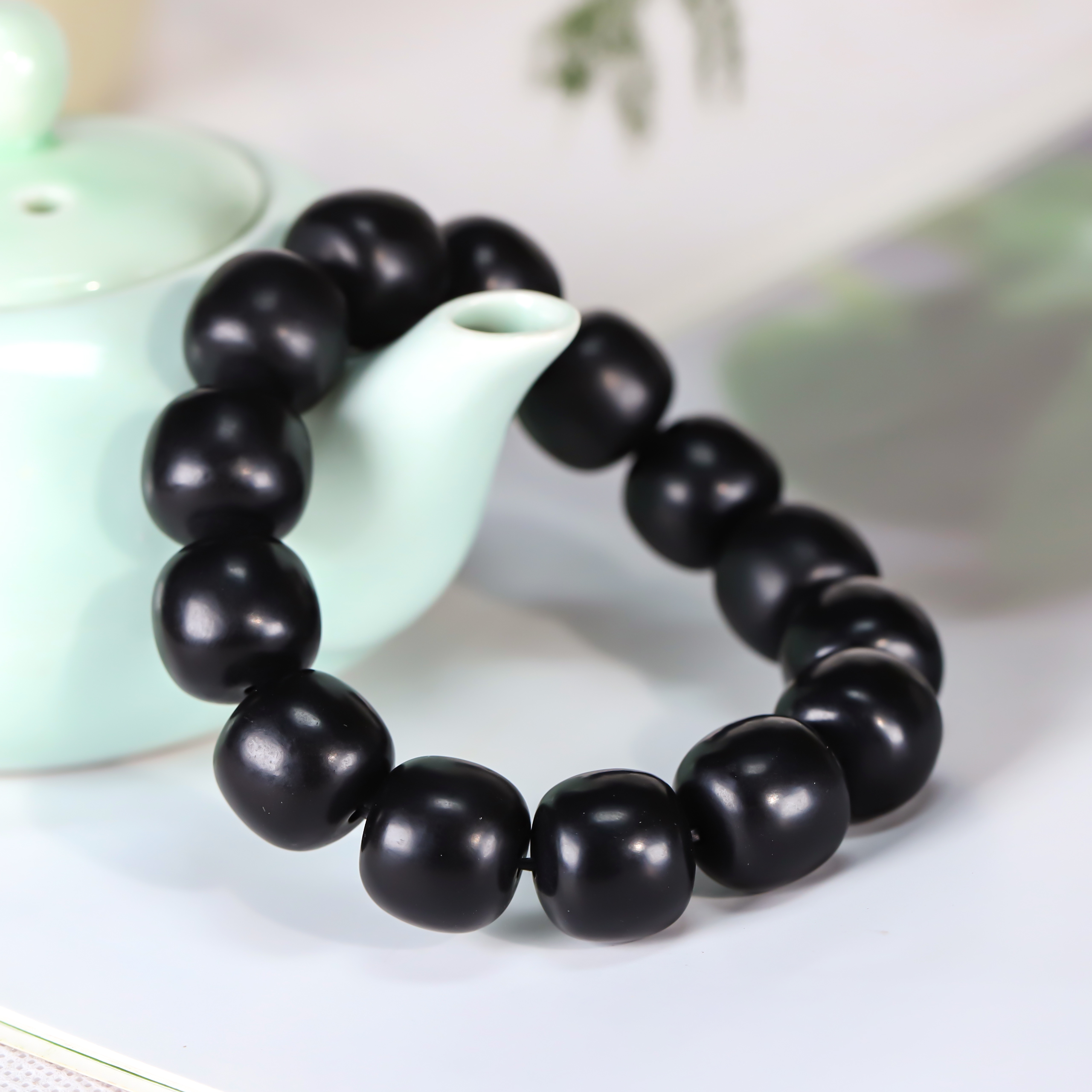 单圈新疆和田玉 黑羊脂 墨玉手串 卡15x16  mm 国风 古朴 经典款