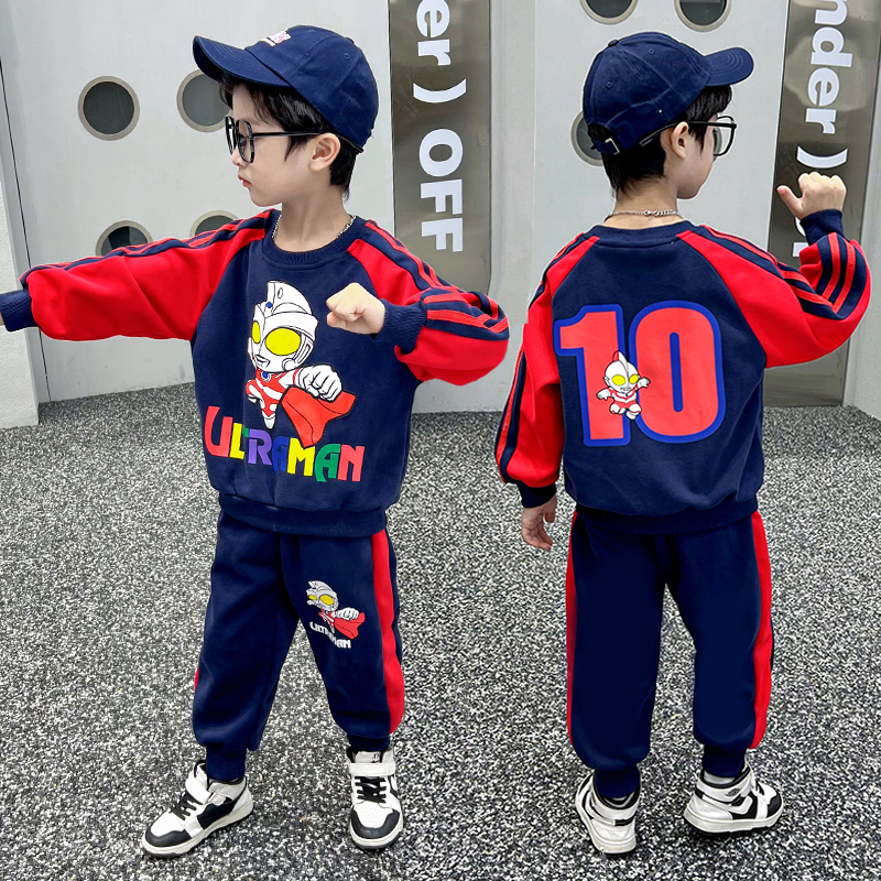 奥特曼衣服男童秋装套装2023新款酷帅男孩秋冬加绒加厚卫衣两件套