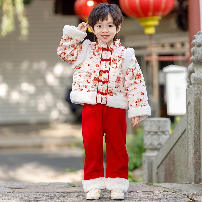 汉服男童拜年服套装中国风儿童唐装喜庆过年衣服宝宝冬款周岁礼服