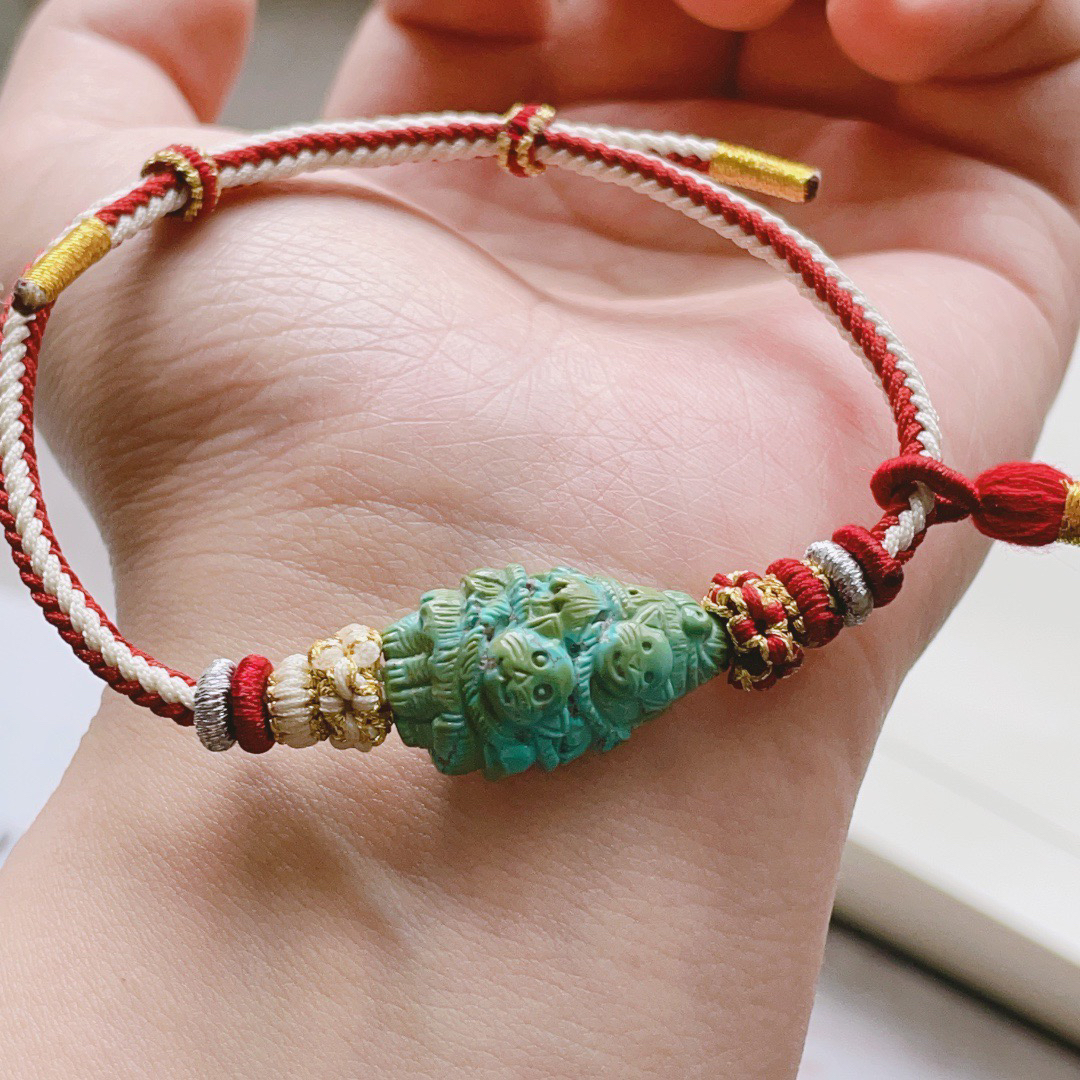 天然原矿绿松石高瓷高色精工雕刻手工编绳