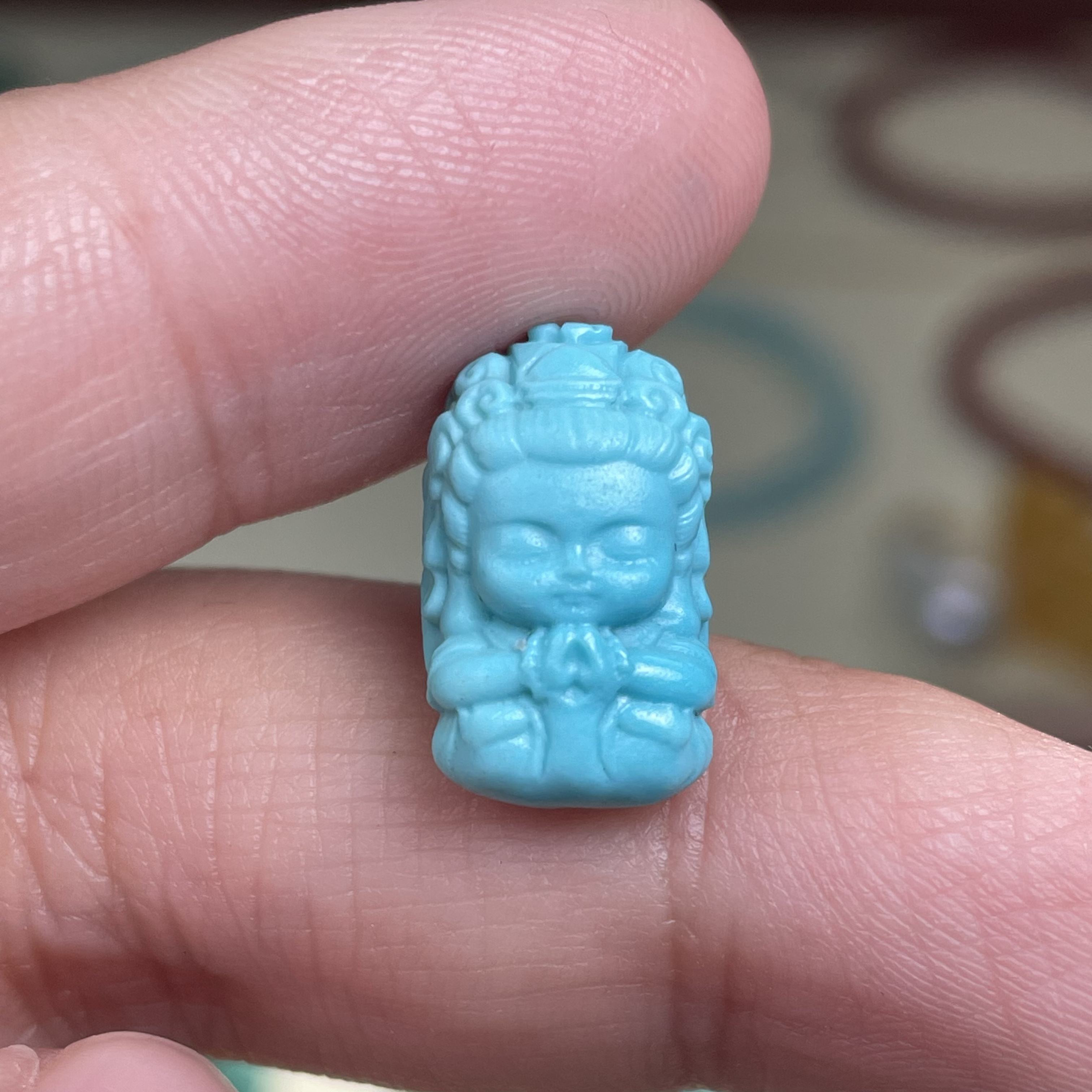 【D9】天然原矿绿松石高瓷高蓝雕刻件宝宝佛9.7×16××7mm