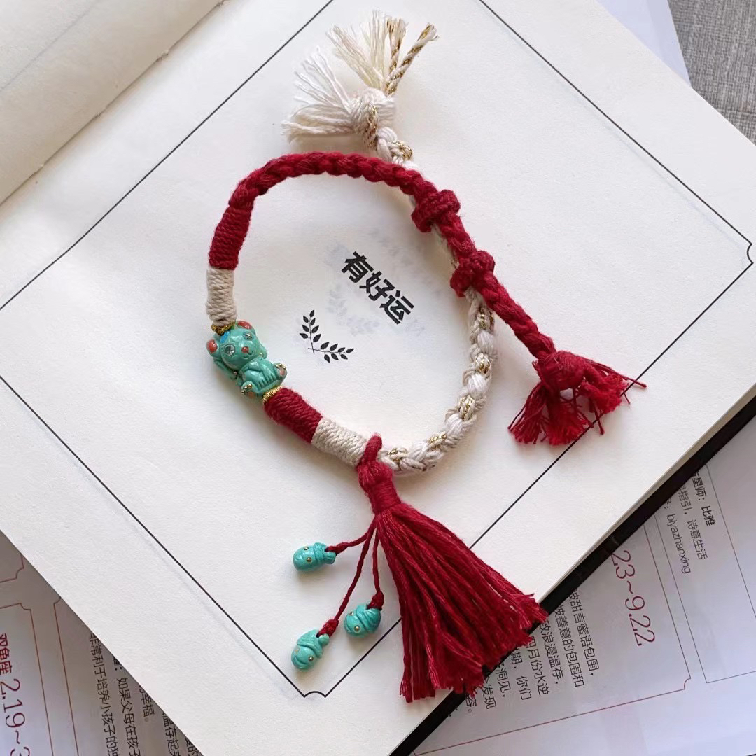 榫卯工艺镶嵌18K金老绿色天然原矿绿松石高瓷高色手工编绳