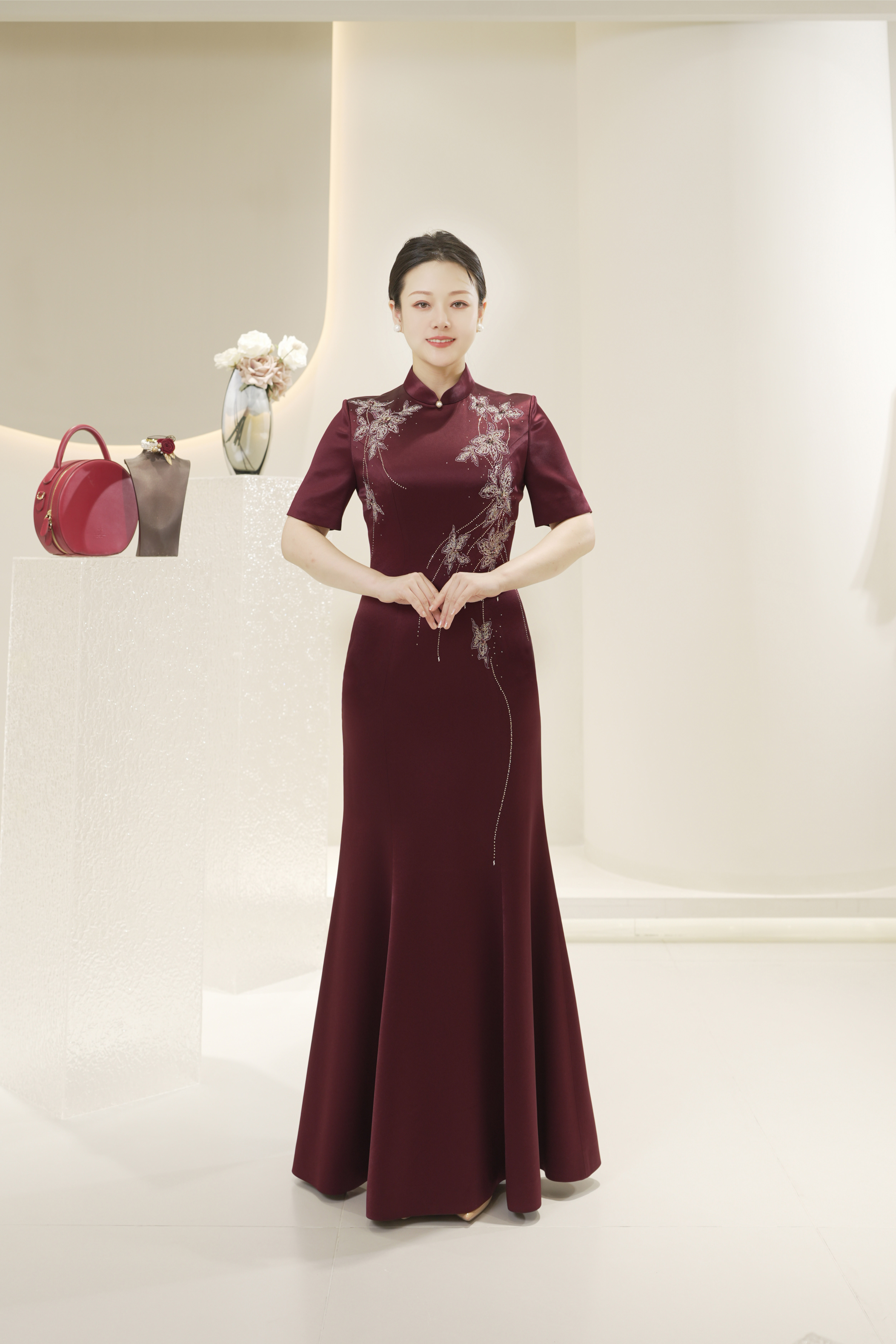 今生缘喜妈妈新款中式时尚高级感重工醋酸礼服显瘦婚宴长款礼服