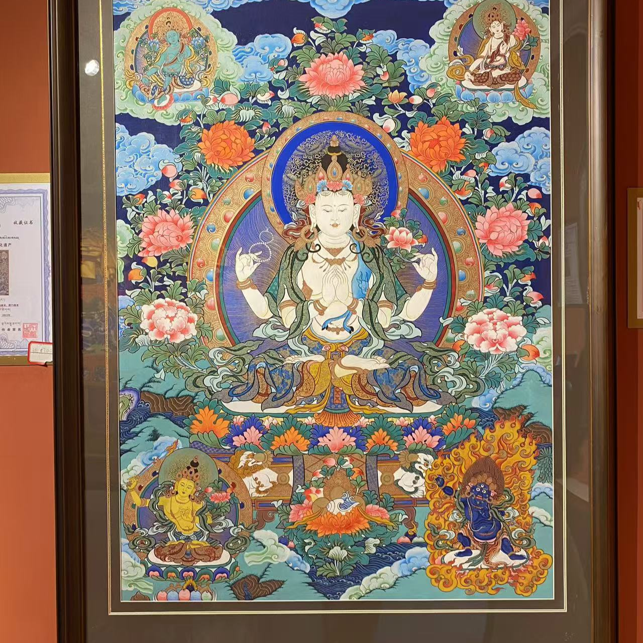 青海热供精品彩唐四臂观音唐卡画心100*70带框125*95手绘矿料