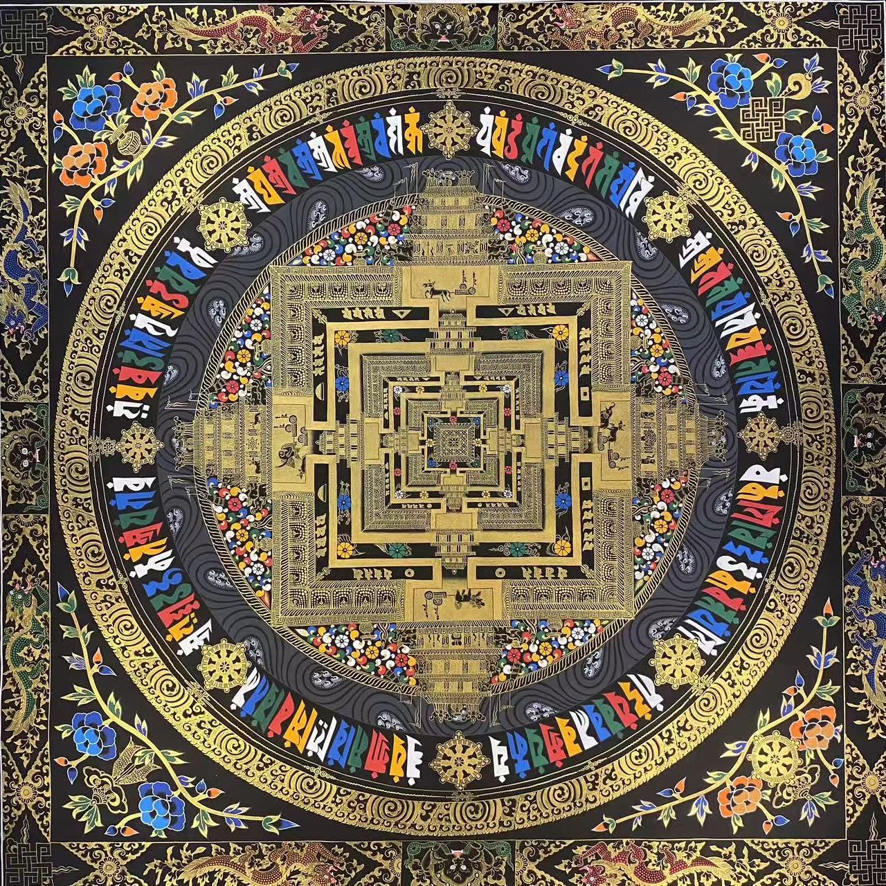 一米乘一米大尺寸精品黑金时轮金刚坛城唐卡尼泊尔喇嘛纯手绘