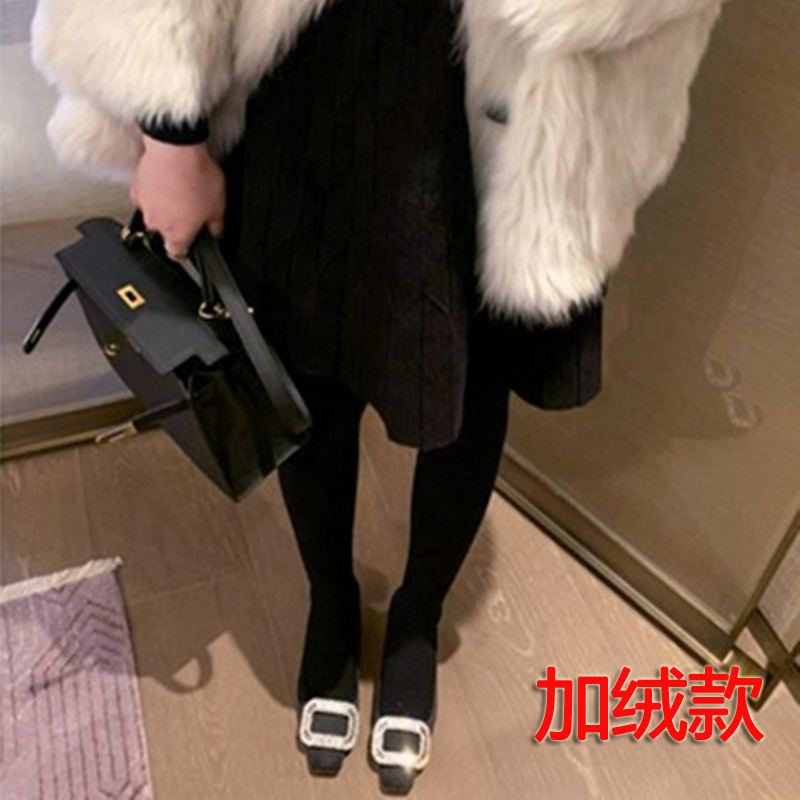 8【加绒款】~2025新款中跟方头水钻绸缎高跟婚鞋船鞋女~灪灪