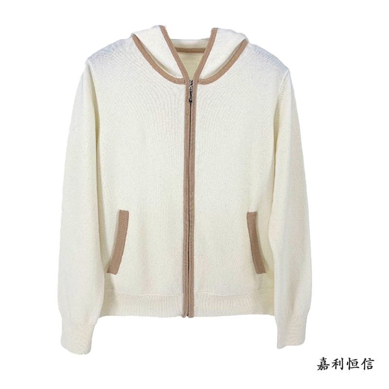 【匠心工艺】时尚清爽柔软舒适配色边金属拉链女式纯山羊绒带帽开衫