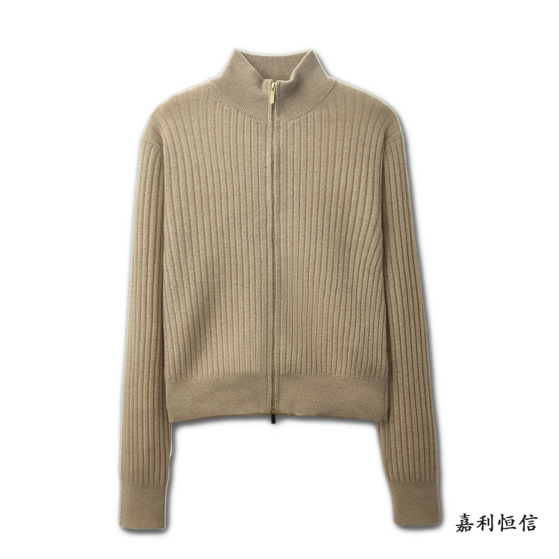 【匠心工艺】减龄修身显瘦羊绒女式抽条双拉链立领开衫