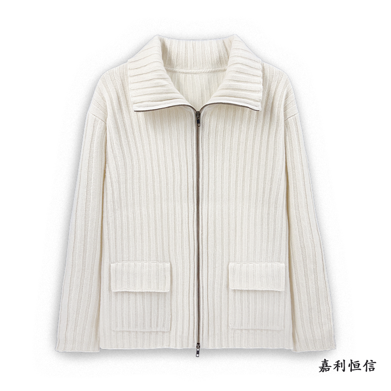 【匠心工艺】百搭时尚舒适修身抽条拉链女式100分山羊绒翻领开衫