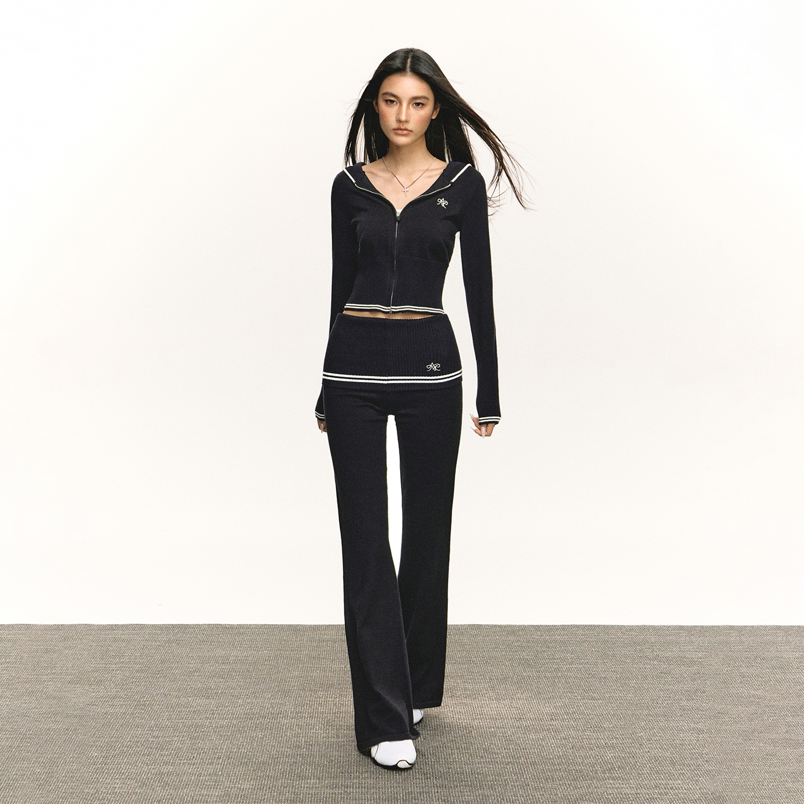 Ariseism  美式复古连帽毛衣针织衫+微喇长裤套装女秋冬