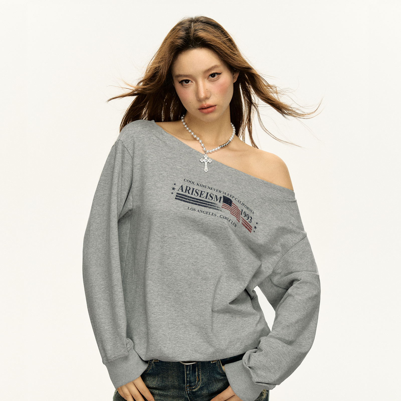 Ariseism  美式复古设计感套头斜肩长袖卫衣女秋季新