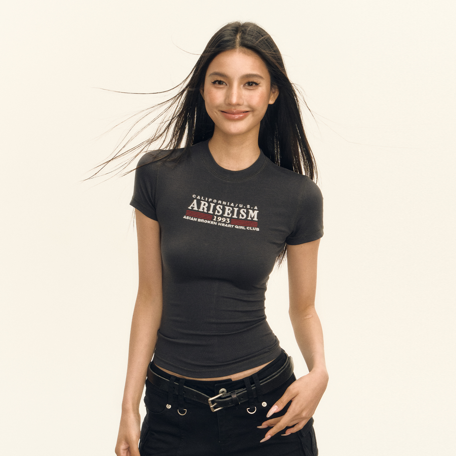 Ariseism美式复古 LOGO修身圆领短袖T恤女夏季新款