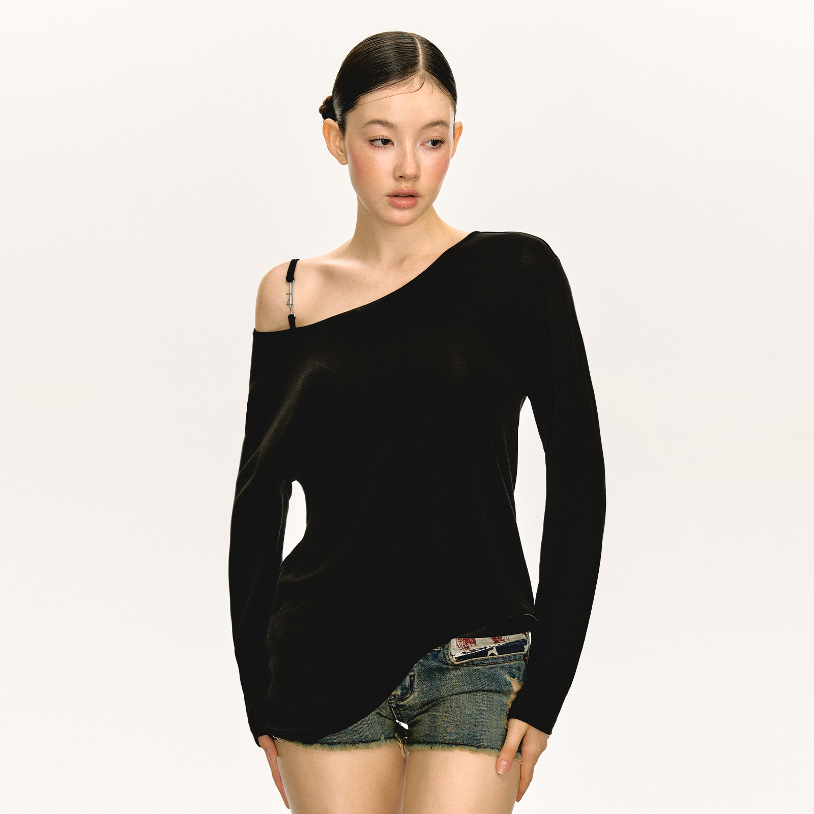 Ariseism 美式复古斜肩长袖T恤女秋新款