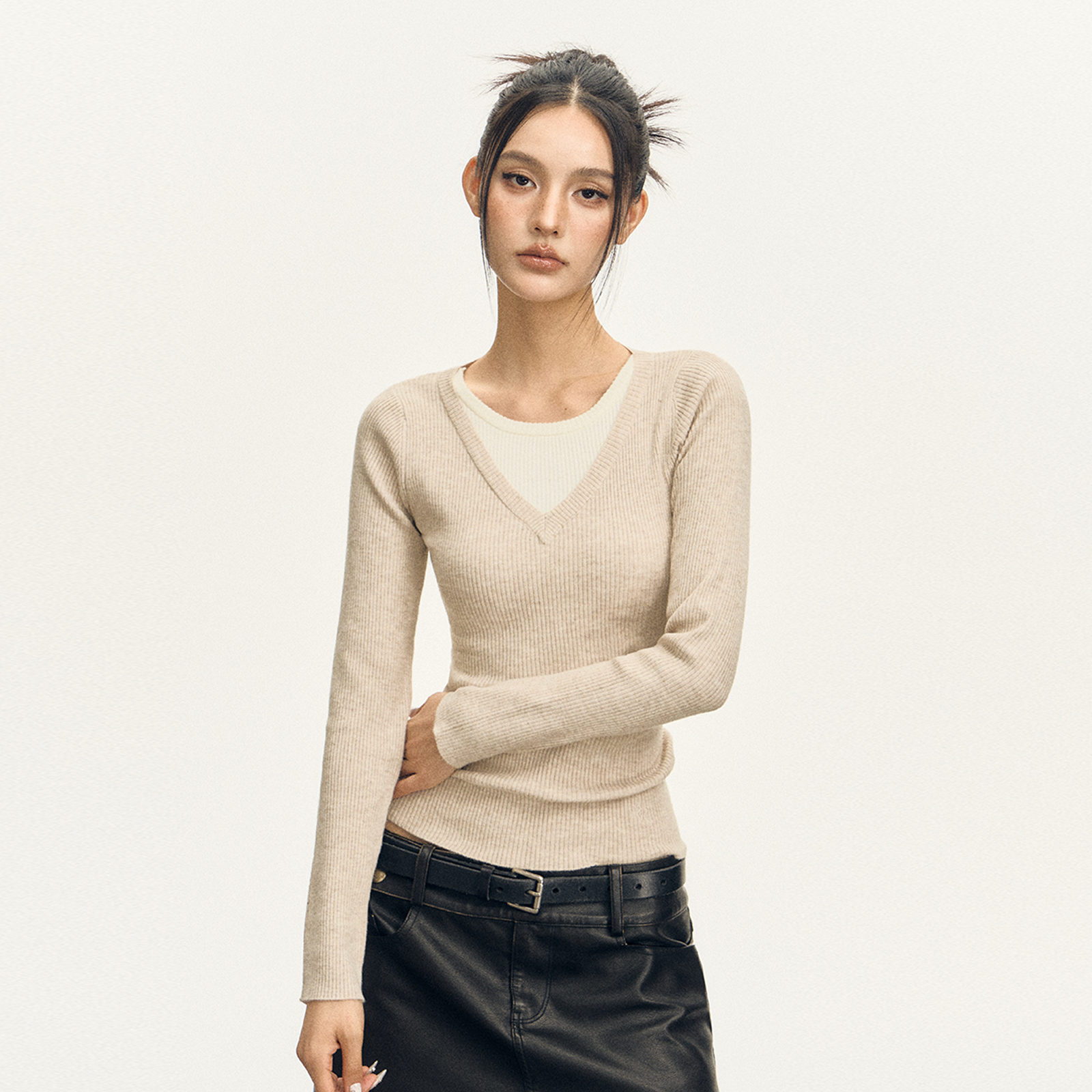 Ariseism  美式复古假两件长袖针织衫女秋新款修身上衣