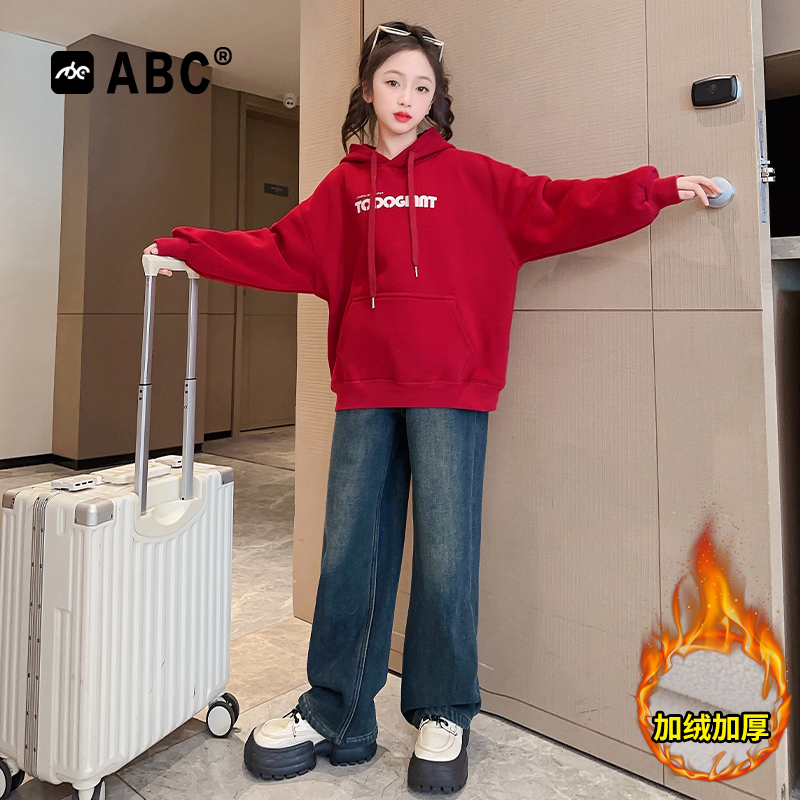 ABC女童冬季加绒加厚卫衣潮中大童冬天拜年服2023新款儿童童装