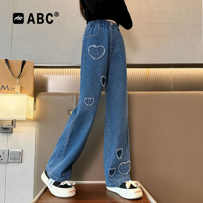 ABC女童春秋牛仔裤中大童2024新款儿童加绒直筒裤女宝洋气阔腿裤