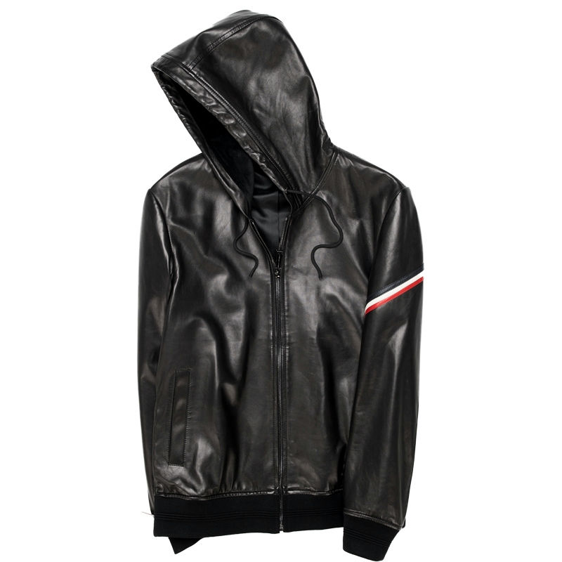RC高定高街TB风连帽休闲小羊皮真皮皮衣时尚男士防风皮夹克