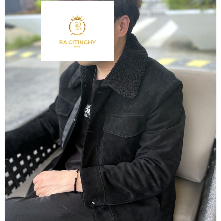 RC高定 绒面皮毛美利奴牛仔夹克翻领加绒短款秋冬百搭黑色时尚