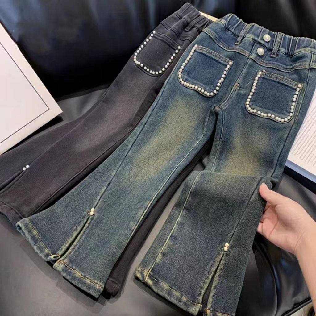 女童喇叭裤2023秋冬新款加绒网红韩版潮流洋气时髦超软修身牛仔裤